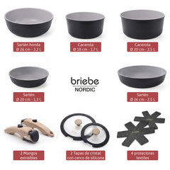 Batería Cocina Nordic Nest Inducción Cerámica Mango Extraíble Apilable 13 Piezas Negro