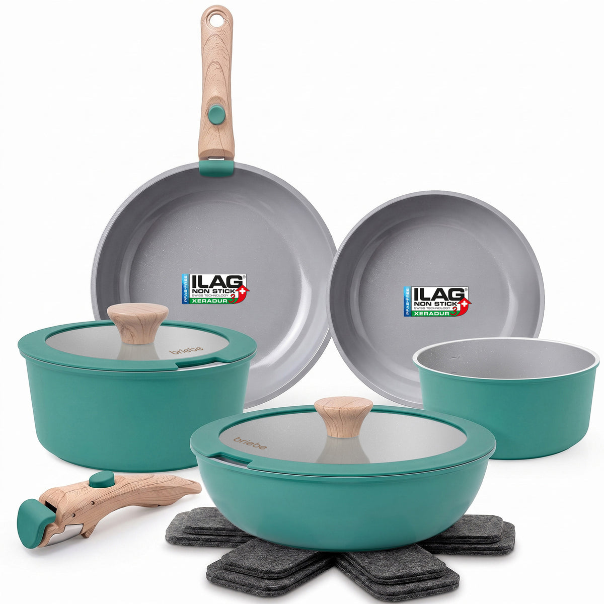 Batería Cocina Nordic Nest Inducción Cerámica Mango Extraíble Apilable 13 Piezas Verde
