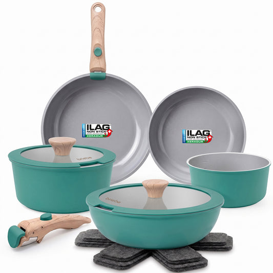 Batería Cocina Nordic Nest Inducción Cerámica Mango Extraíble Apilable 13 Piezas Verde