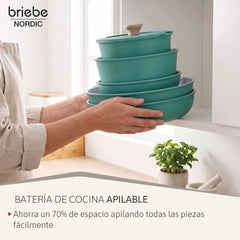 Batería Cocina Nordic Nest Inducción Cerámica Mango Extraíble Apilable 13 Piezas Verde