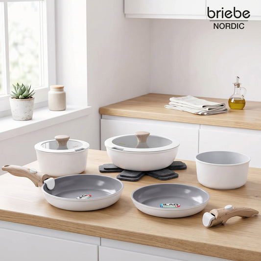 Batería Cocina Nordic Nest Inducción Cerámica Mango Extraíble Apilable 13 Piezas Blanco