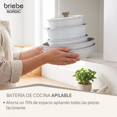 Batería Cocina Nordic Nest Inducción Cerámica Mango Extraíble Apilable 13 Piezas Blanco
