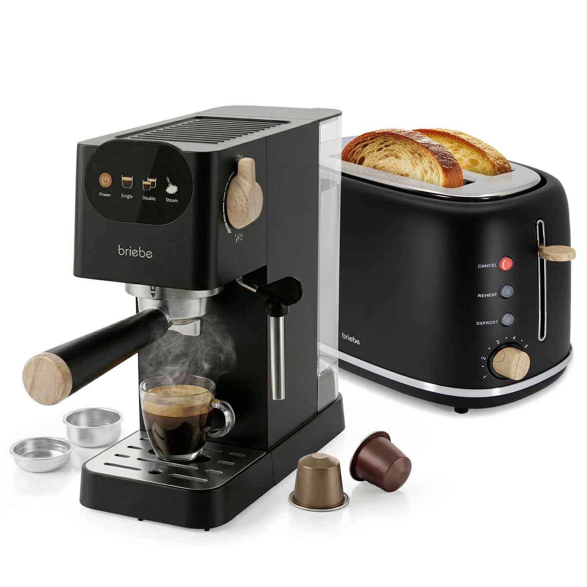 Set Nordic Cafetera Espresso 20 Bares Cápsulas y Café Molido Espumador Leche + Tostadora Ranura Ancha 2 Rebanadas 6 Niveles Tostado Negro