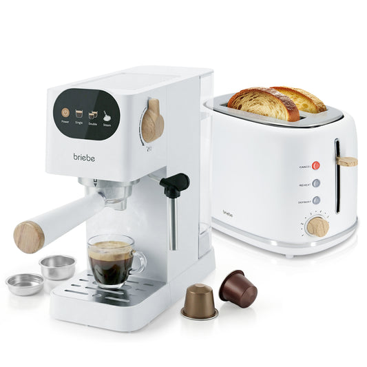 Set Nordic Cafetera Espresso 20 Bares Cápsulas y Café Molido Espumador Leche + Tostadora Ranura Ancha 2 Rebanadas 6 Niveles Tostado Blanco