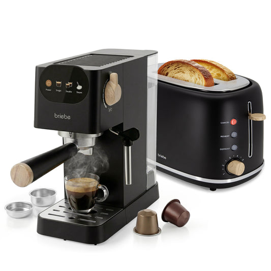 Set Nordic Cafetera Espresso 20 Bares Cápsulas y Café Molido Espumador Leche + Tostadora Ranura Ancha 2 Rebanadas 6 Niveles Tostado Negro