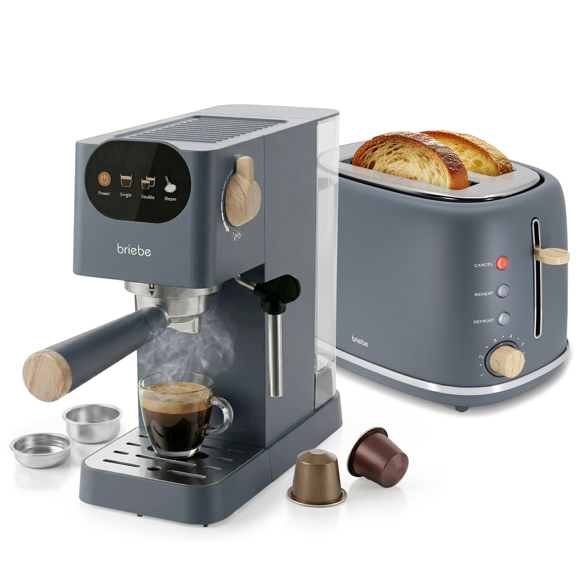 Set Nordic Cafetera Espresso 20 Bares Cápsulas y Café Molido Espumador Leche + Tostadora Ranura Ancha 2 Rebanadas 6 Niveles Tostado Gris