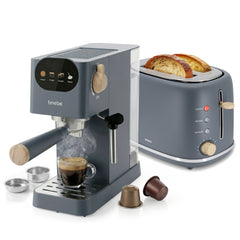 Set Nordic Cafetera Espresso 20 Bares Cápsulas y Café Molido Espumador Leche + Tostadora Ranura Ancha 2 Rebanadas 6 Niveles Tostado Gris