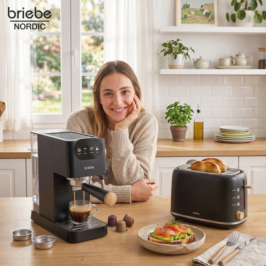Set Nordic Cafetera Espresso 20 Bares Cápsulas y Café Molido Espumador Leche + Tostadora Ranura Ancha 2 Rebanadas 6 Niveles Tostado Negro