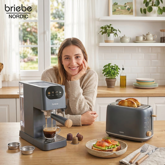 Set Nordic Cafetera Espresso 20 Bares Cápsulas y Café Molido Espumador Leche + Tostadora Ranura Ancha 2 Rebanadas 6 Niveles Tostado Gris