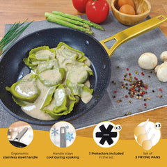 Juego de 3 Sartenes Antiadherentes Induccións Gold Titanium Ø 20-24-28